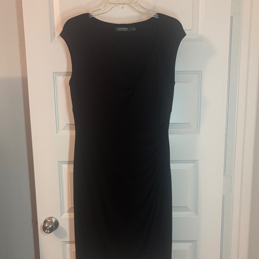 Ralph Lauren Black Ruched Cap Sleeve Asymmetrical Dress SZ 12 LBD Midi bodycon